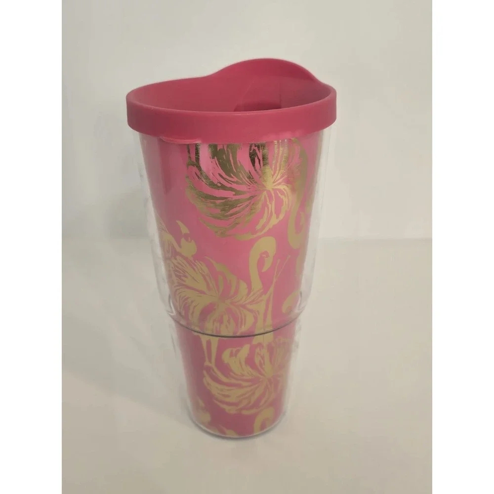 Lilly Pulitzer Jungle Tumble Pink Gold 24oz Insulated Plastic Tumbler Cup‎ NEW